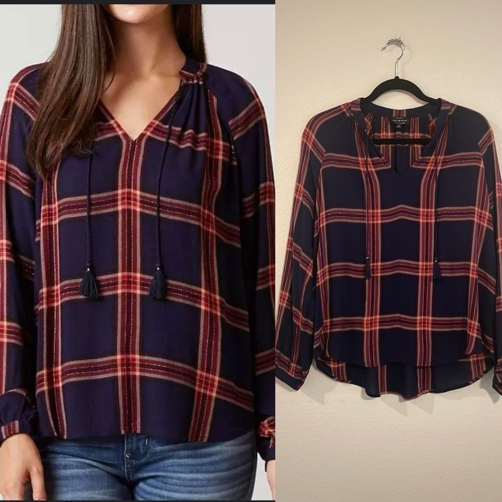 Lucky Brand Women Tunic Top Small Blue Plaid Checkered Western Coastal Cowgirl